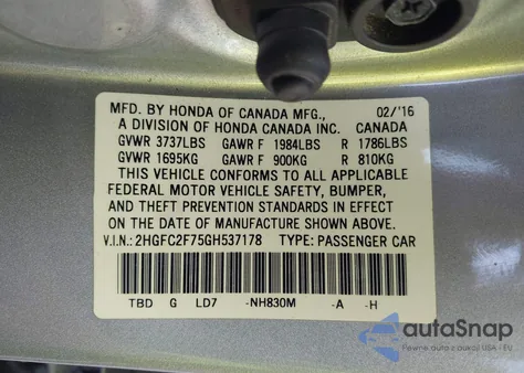 2016 Honda Civic Ex from USA, damaged, VIN 2HGFC2F75GH537178